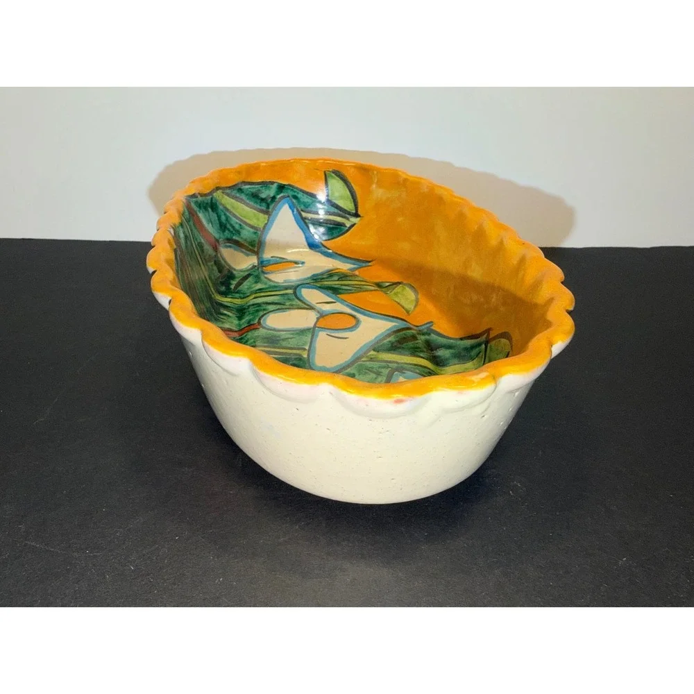 Hand Painted Ceramic Oval Scalloped Floral Serving Bowl Calla Lily Multicolor
